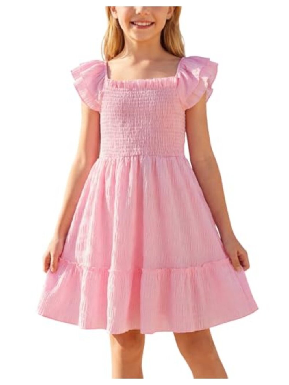 Girls Square Neck Smocked Midi Sundress Casual Elegant A-Line Summer Dress